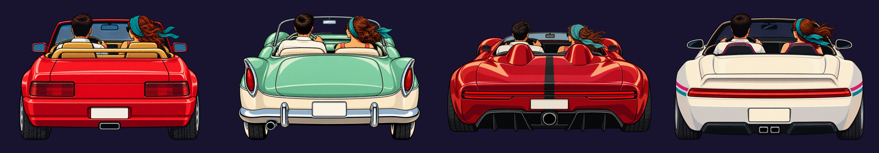The four player cars side by side: a red roadster, a mint-and-cream 1950s retro roadster, a candy-red super speedster and a pearl-white 80s sports roadster