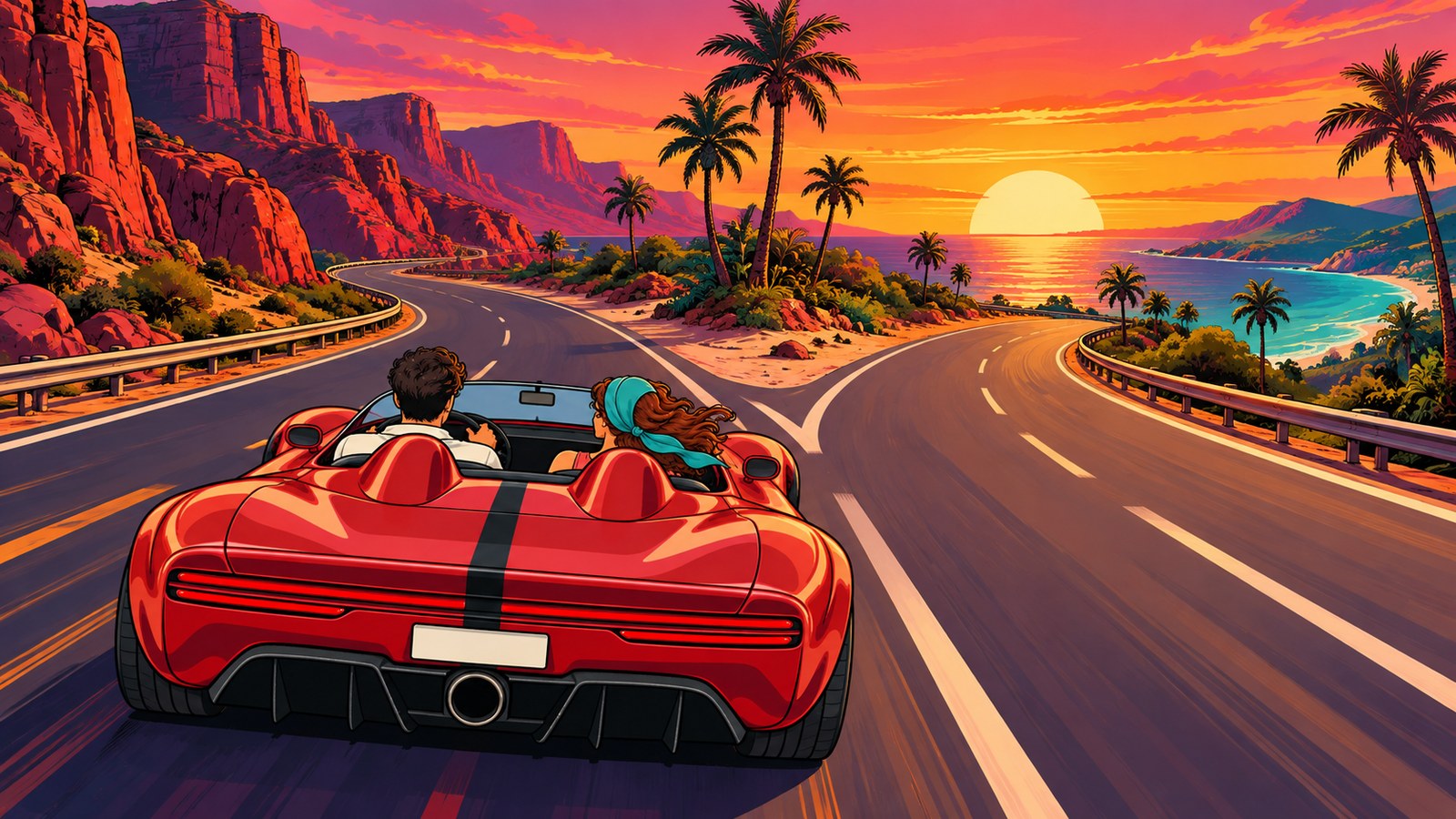 Key art: a coastal highway splitting in two at sunset