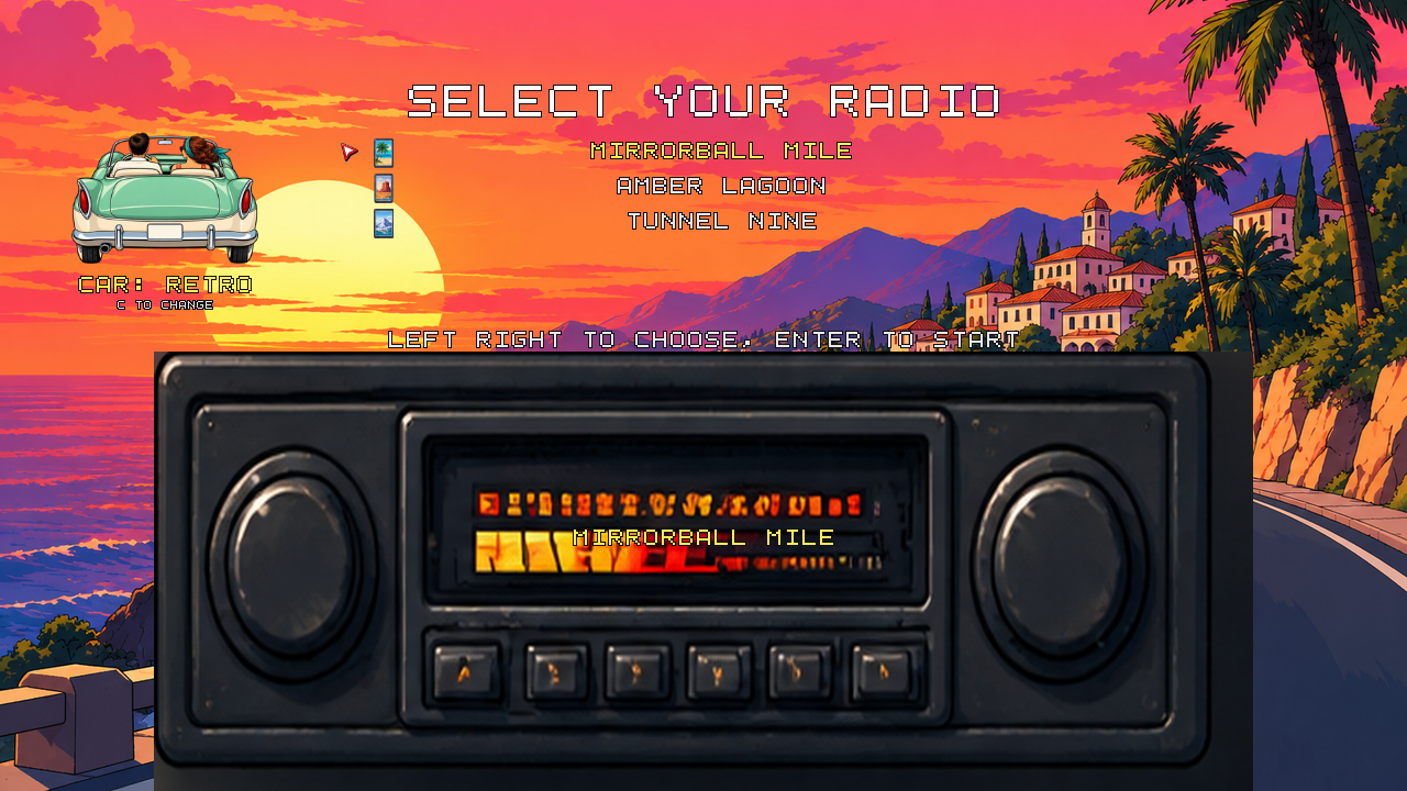 The radio screen: three songs to choose from, a car selector reading CAR: RETRO, and a big dashboard radio