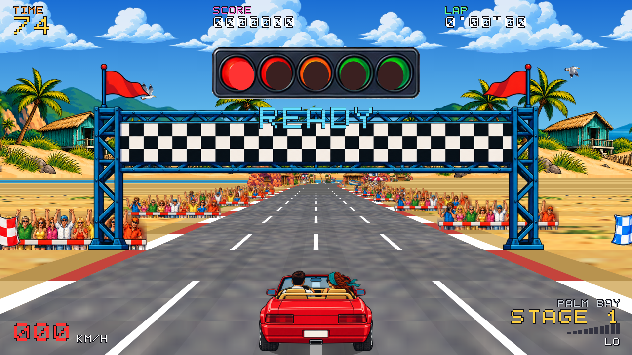 The start line: a steel gantry with a checkered banner, a traffic light showing READY, and a crowd