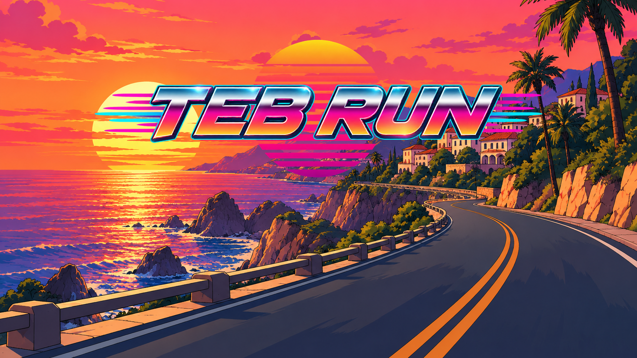The TEB RUN title screen: a chrome logo over a sunset coastal road