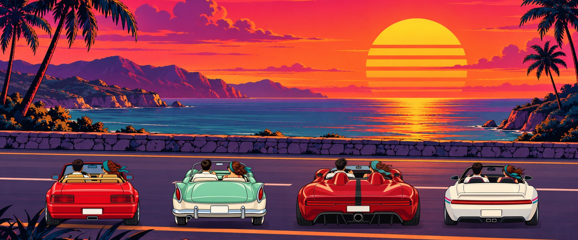 The TEB RUN cars parked side by side on a coastal road, facing the sunset over the sea