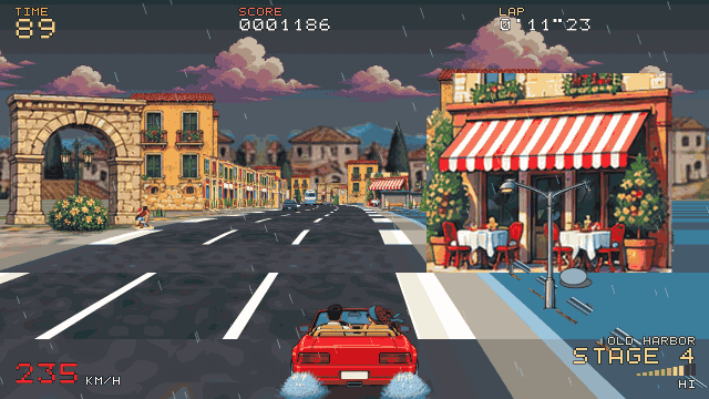 Driving through a town in the rain behind a yellow car