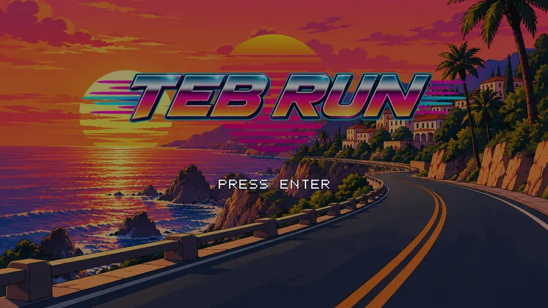 Title screen: the chrome TEB RUN logo over a sunset coastal road, PRESS ENTER