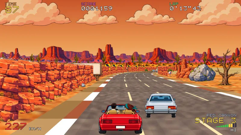 Overtaking a white sedan between red canyon walls on the desert stage