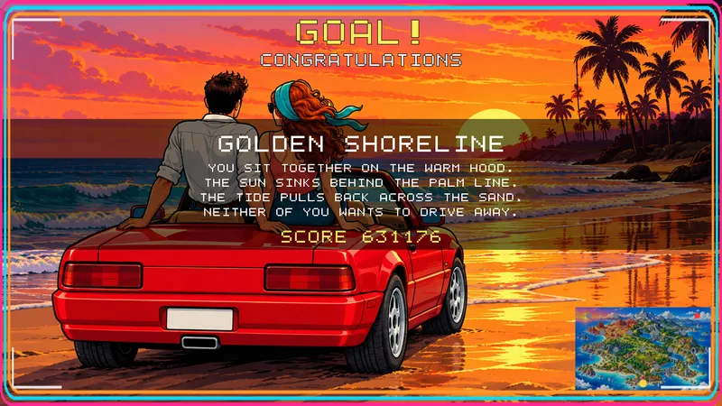 One of the five endings: the couple sits on the car watching the sunset, GOAL! Golden Shoreline
